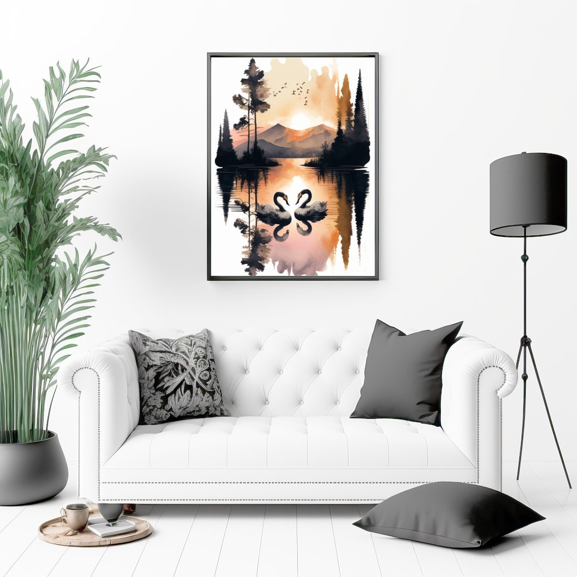 Two Swans at Sunset on a Mountain Lake Watercolor Nature Poster - Image 2