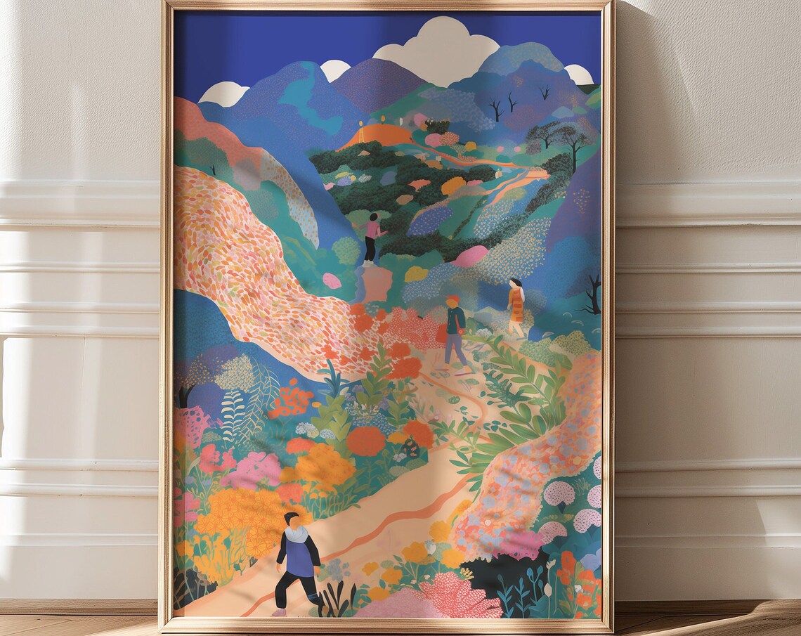 Colorful Abstract Mountain Valley with Hikers Landscape Poster