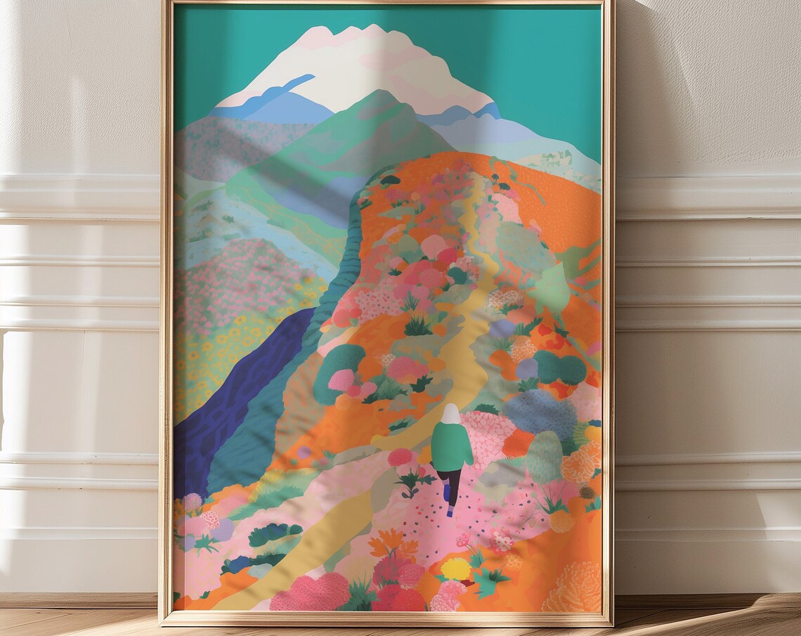 Vibrant Floral Mountain Trail With Solo Hiker Landscape Poster