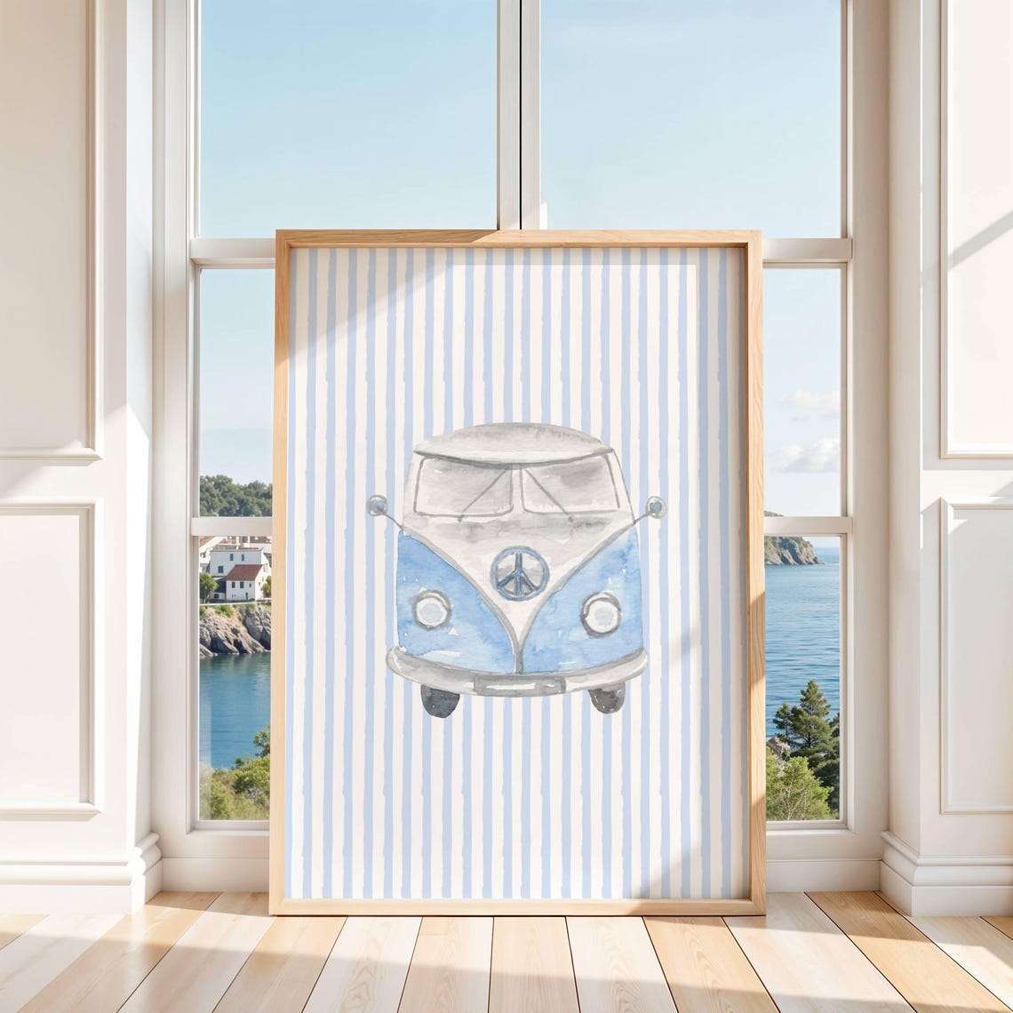 Retro Camper Van Peace Sign Blue Striped Beach Wall Decor Poster