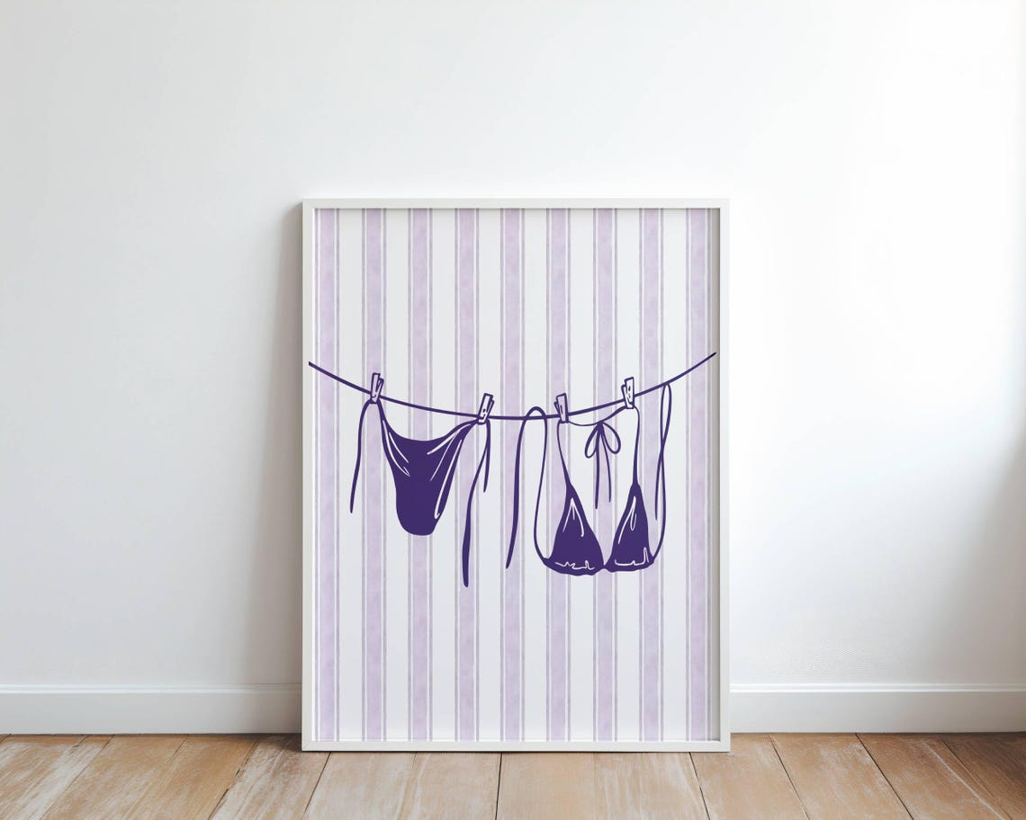 Purple Bikini On Clothesline Striped Summer Beach Decor Poster