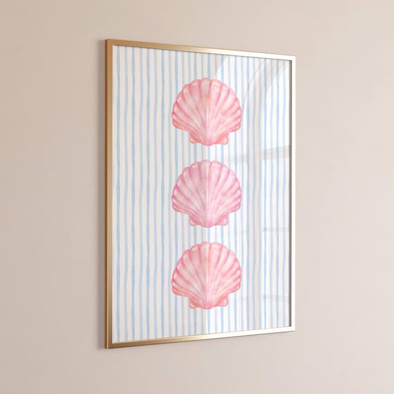 Pink and Blue Coastal Seashell Striped Art Print