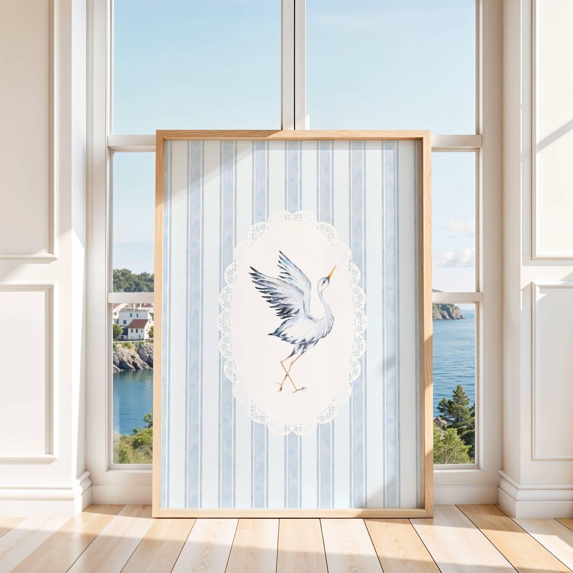 White Crane Bird Lace Oval Blue Striped Elegant Waterbird Poster