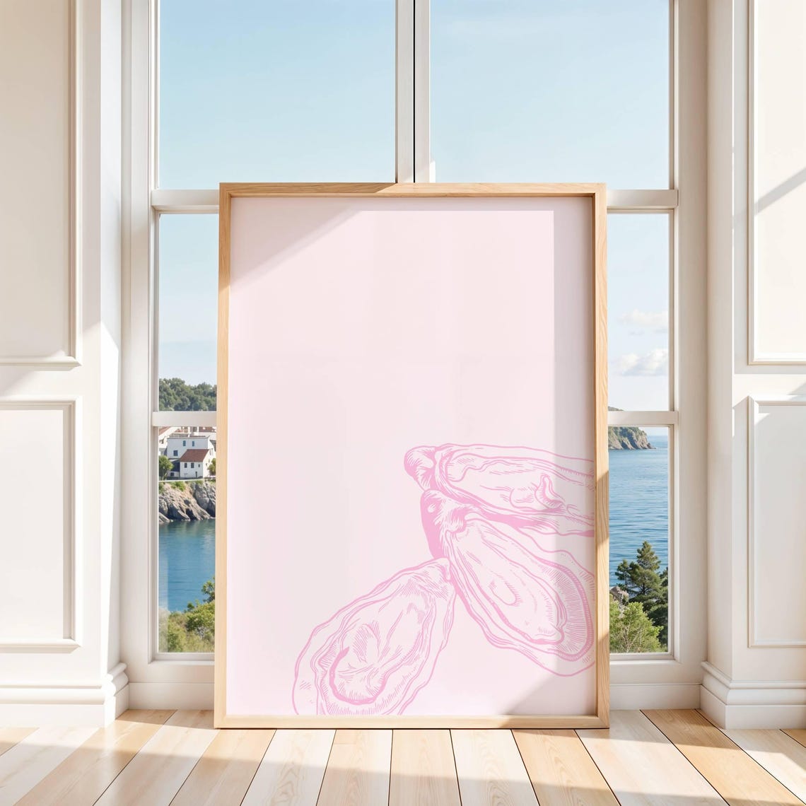 Pink Oyster Shell Line Drawing Minimalist Coastal Beach Print