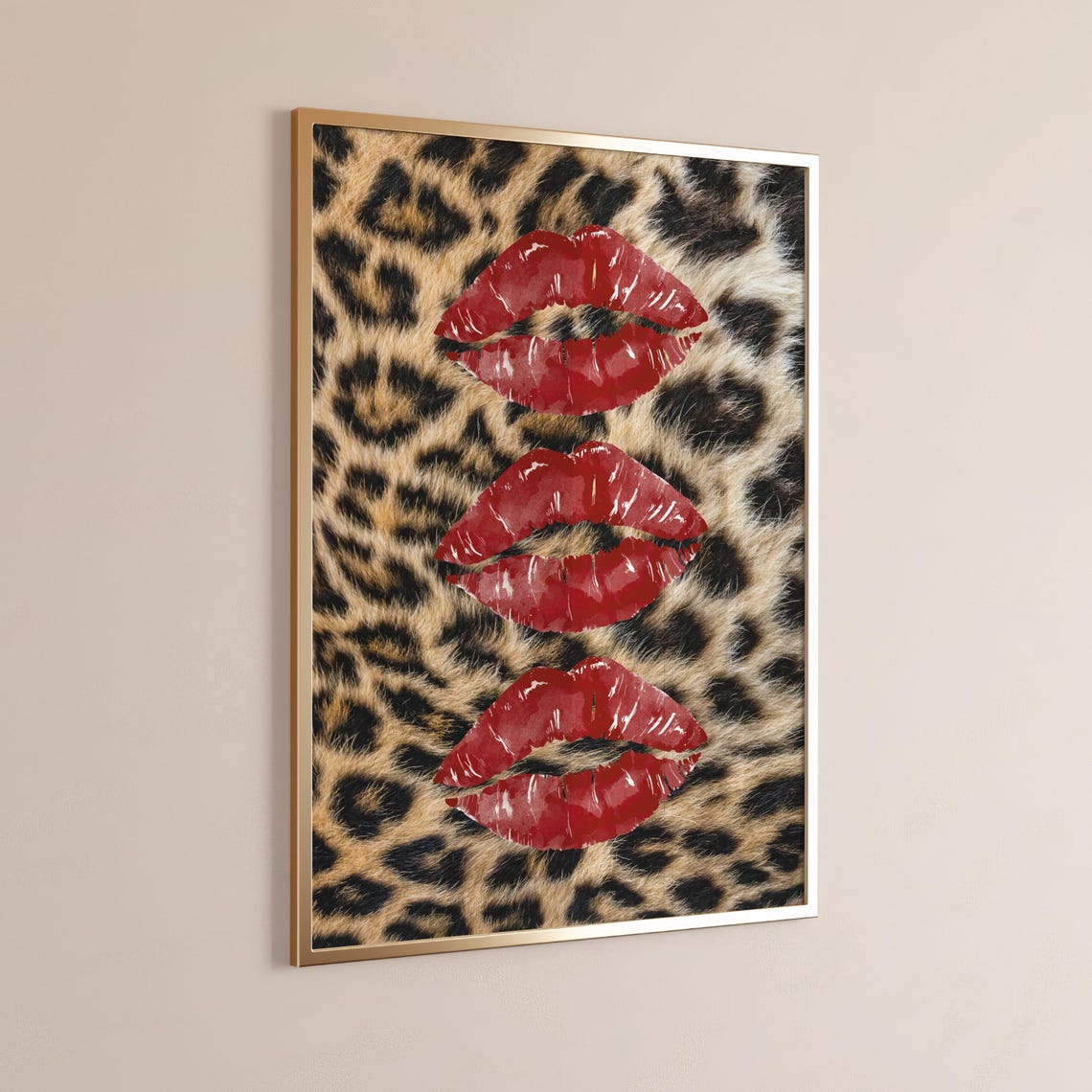 Red Lipstick Kiss Prints Leopard Fur Background Fashion Glam Poster