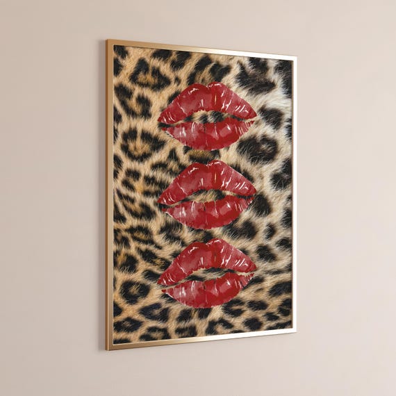 Red Kiss Cheetah Print Trendy Dorm Wall Art Bold Coquette Edgy Lip And Animal Poster