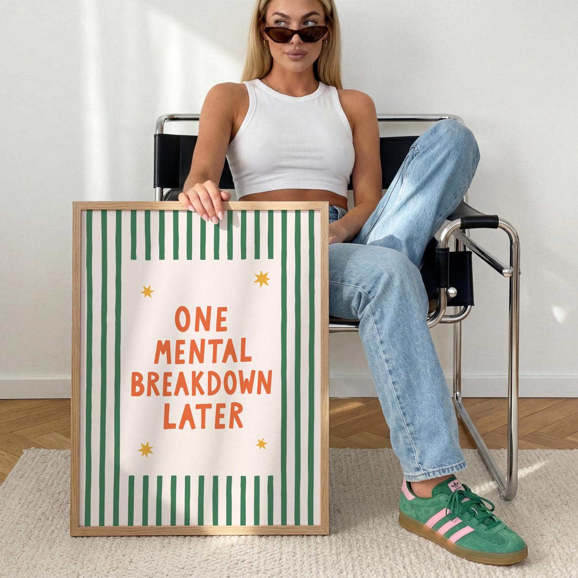 One Mental Breakdown Later Funny Green Striped Relatable Wall Art