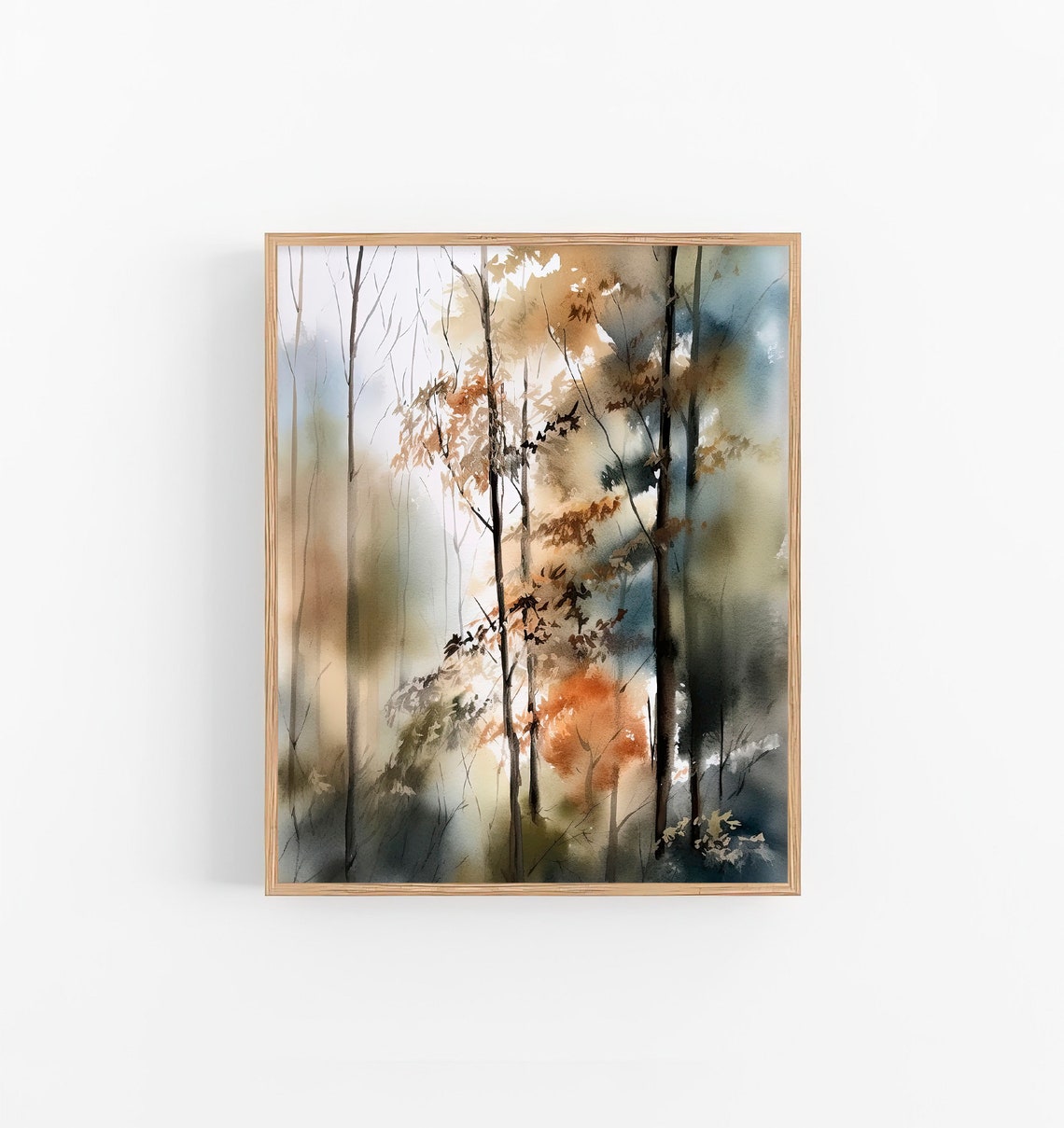 Misty Forest Watercolor Autumn Trees Amber Golden Woodland Poster