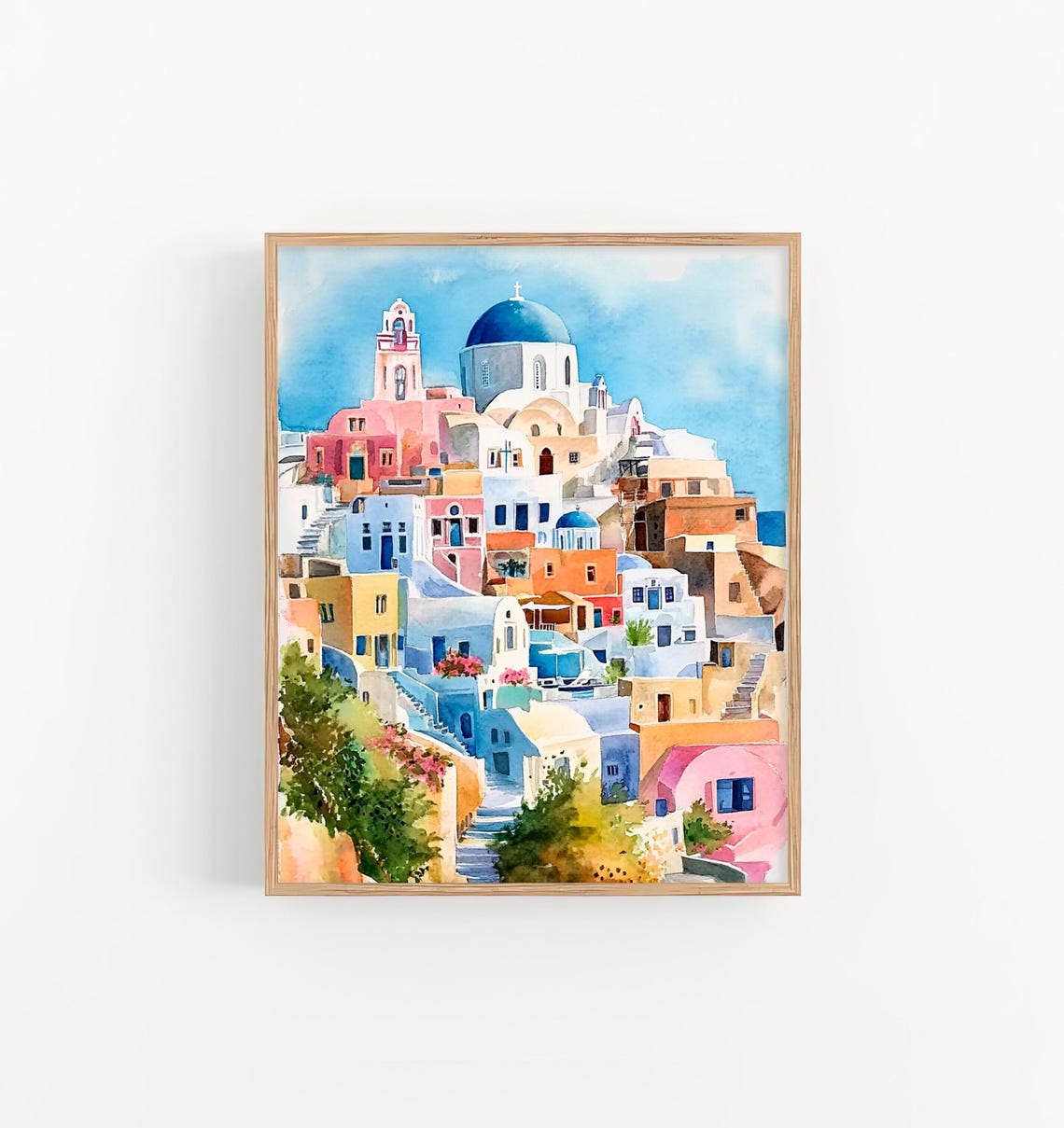 Santorini Blue Dome Church Whitewashed Houses Greece Watercolor Poster