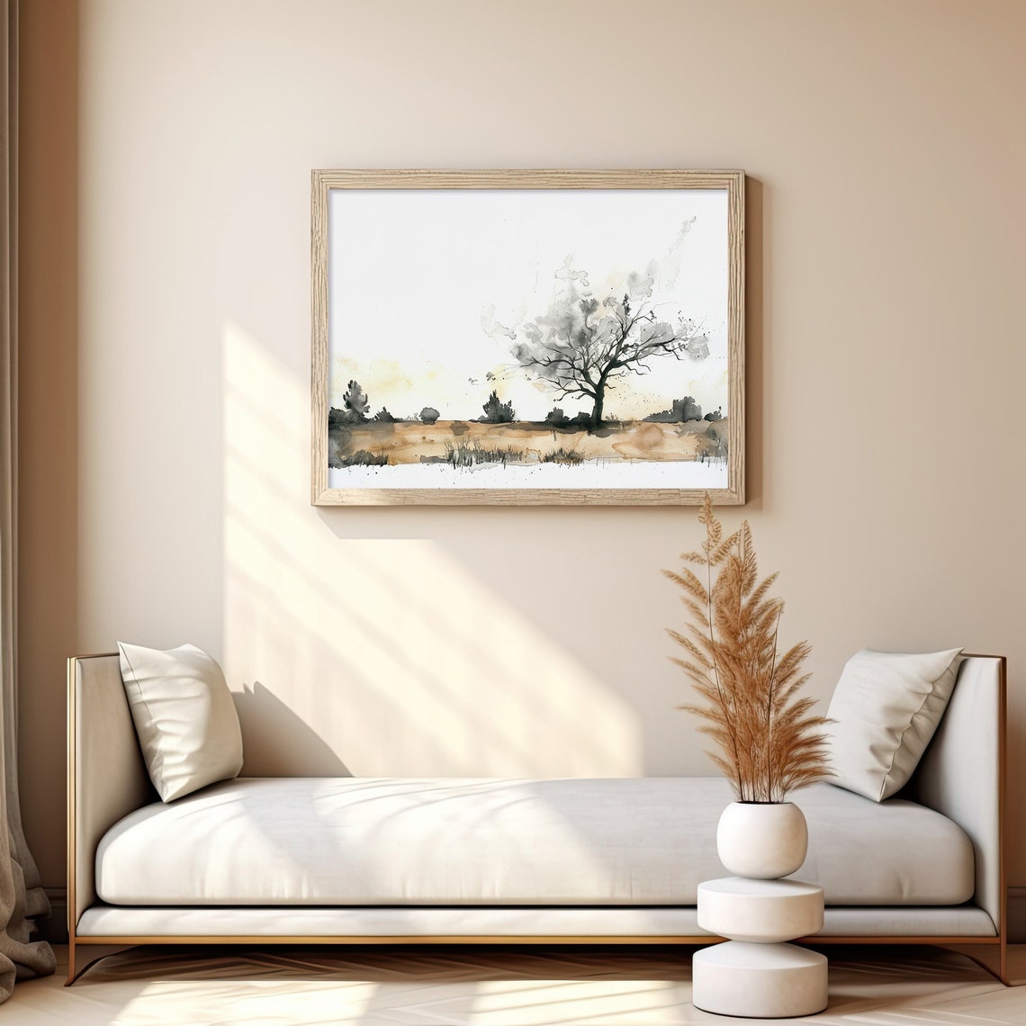 Lone Tree Field Minimalist Watercolor Ink Wash Landscape Poster - Image 2