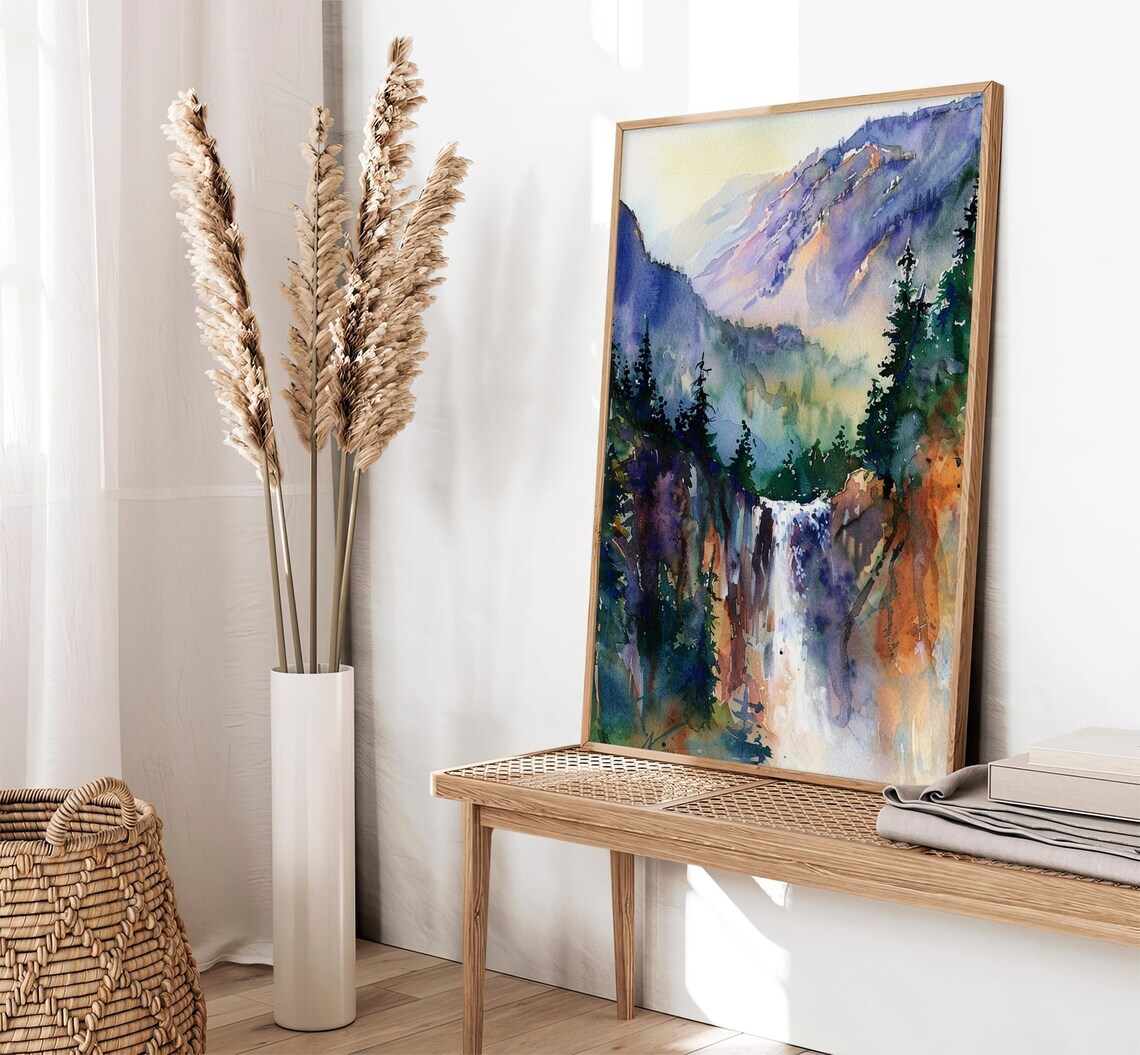 Yosemite Waterfalls Watercolor Art Print, Rustic - Image 2