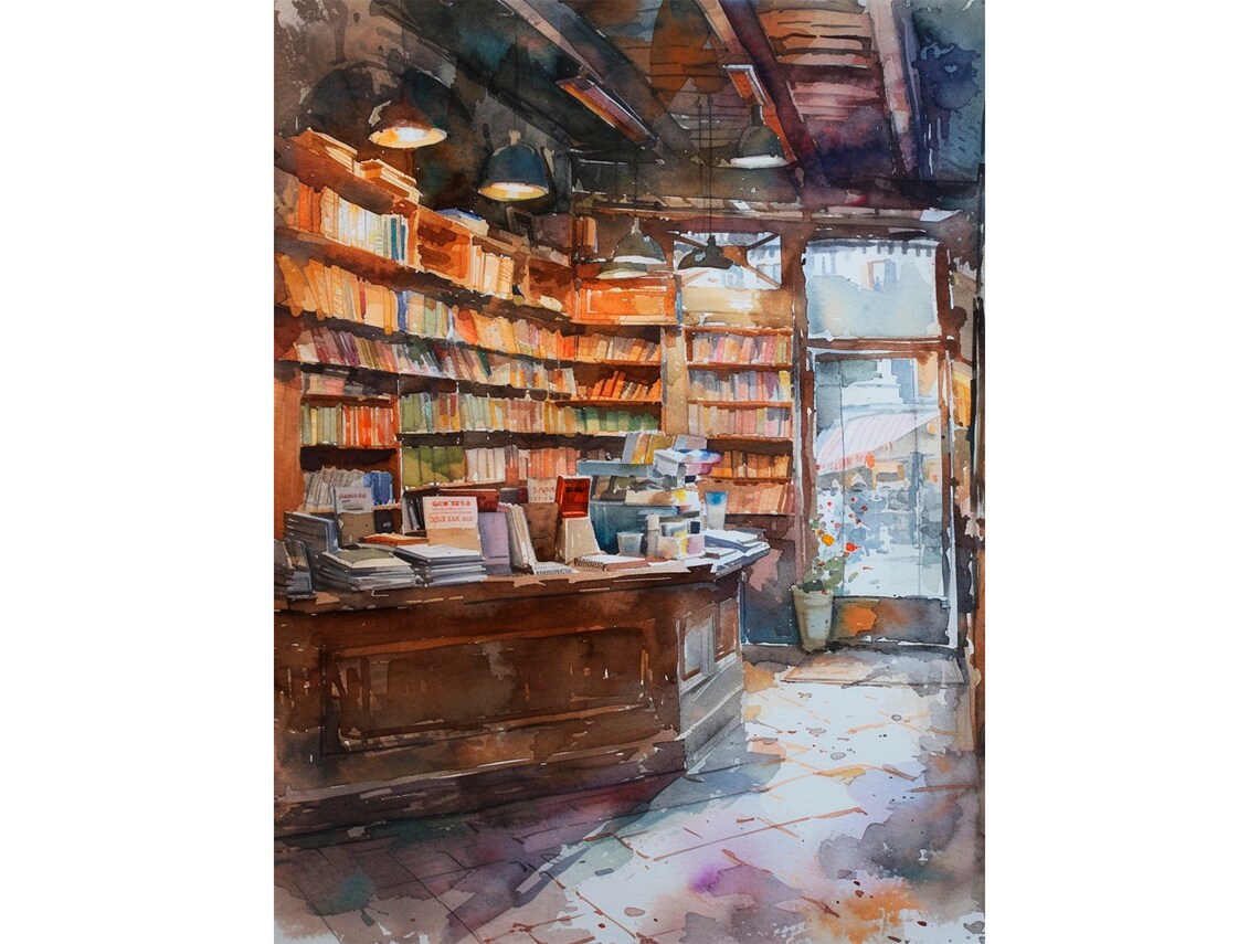 Bookstore Watercolor Art Print, New York City Library