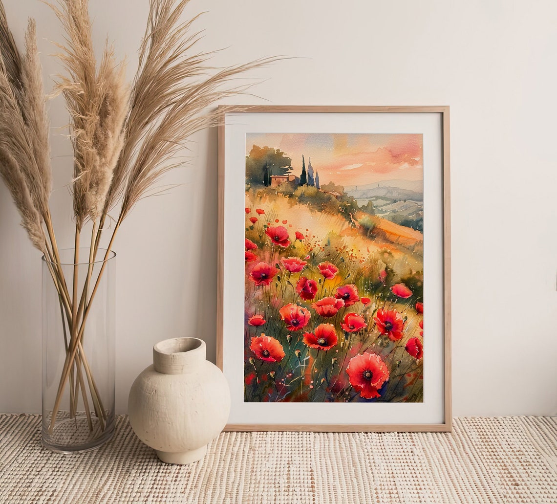Tuscany Red Poppy Fields Italian Countryside Sunset Wall Art - Image 3