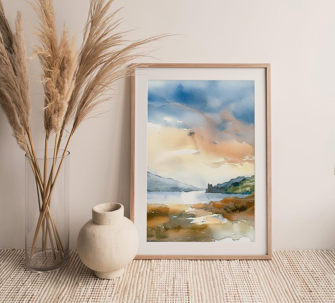 Stunning Ireland Loch Castle Ruin Sunset Serene Watercolor Poster - Image 3