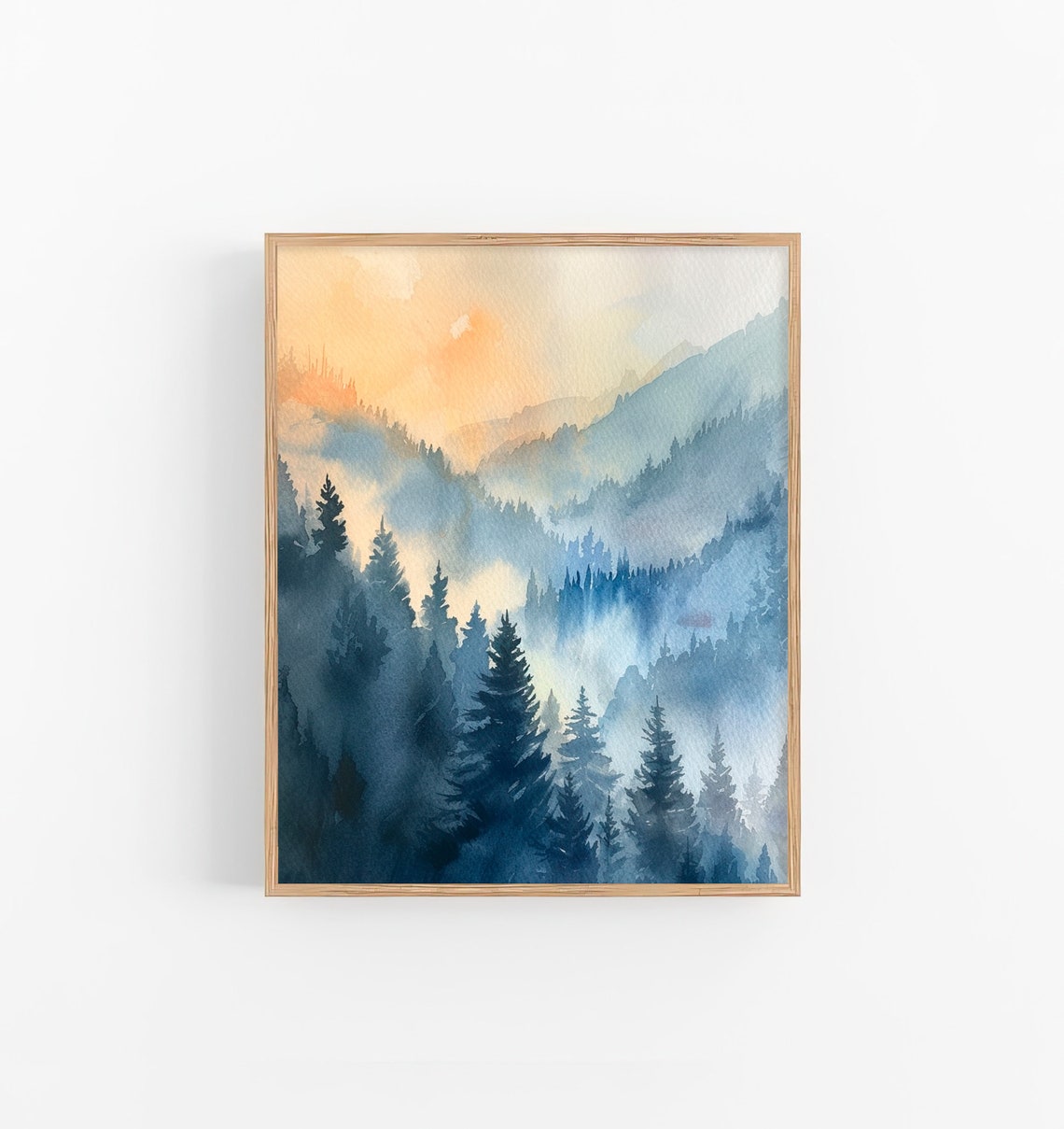 Smoky Mountains Misty Forest Sunrise Watercolor Landscape Poster
