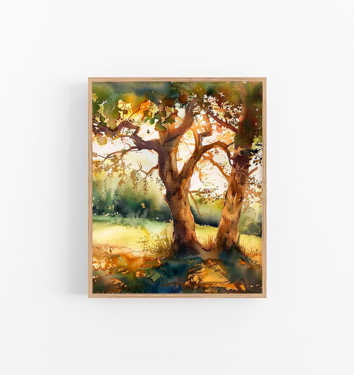 Sunlit Oak Trees Woodland Light Watercolor Nature Landscape Poster
