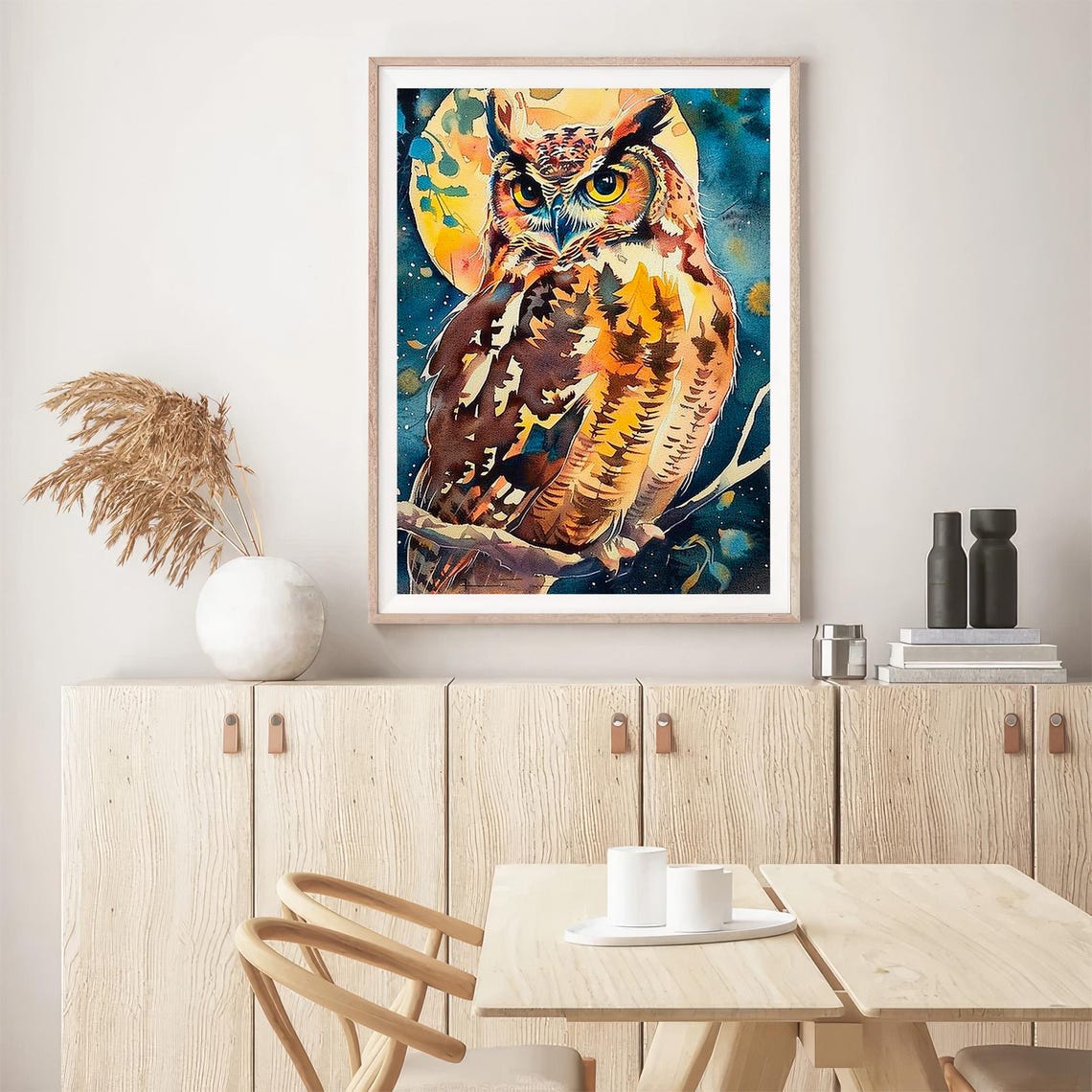 Great Horned Owl Golden Full Moon Watercolor Wildlife Art Poster - Image 5