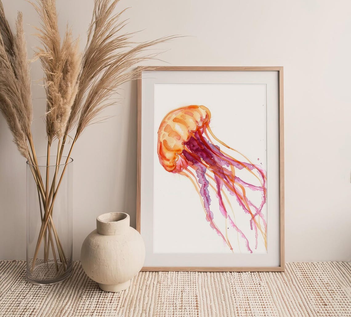 Orange Jellyfish Flowing Tentacles Watercolor Marine Art Poster - Image 4