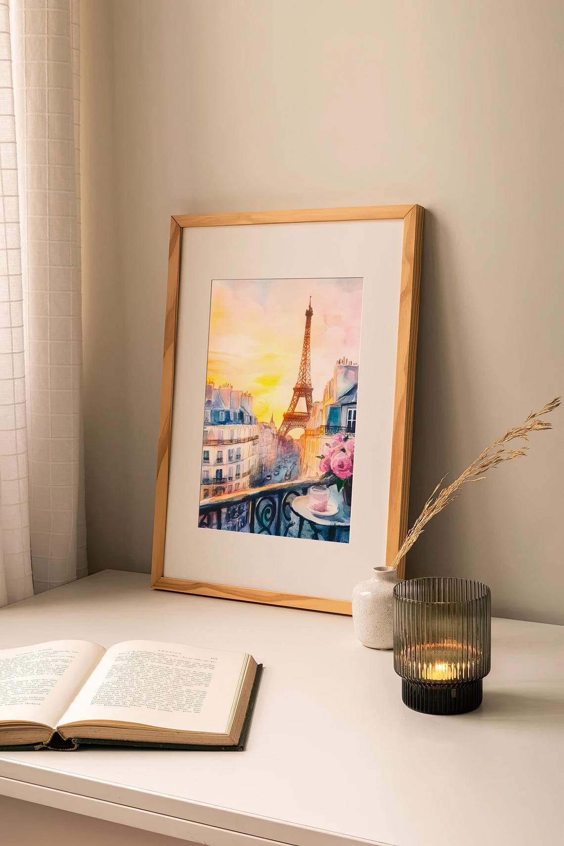 Paris Eiffel Tower Sunrise Balcony Watercolor Romantic Art Print - Image 2