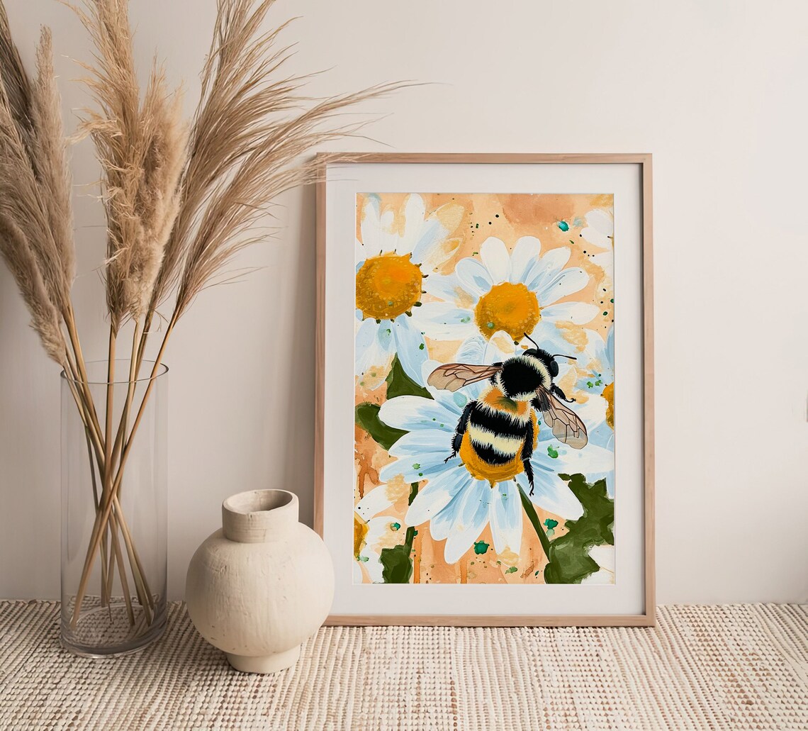 Bumblebee On White Daisies Watercolor Pollinator Garden Poster - Image 4