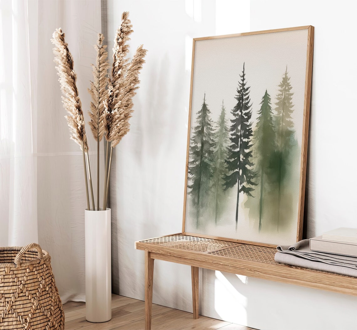 Misty Pine Trees Minimalist Evergreen Forest Neutral Tones Poster - Image 3