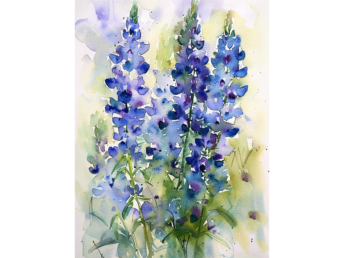 Bluebonnet Watercolor Art Print, Floral Wall Painting