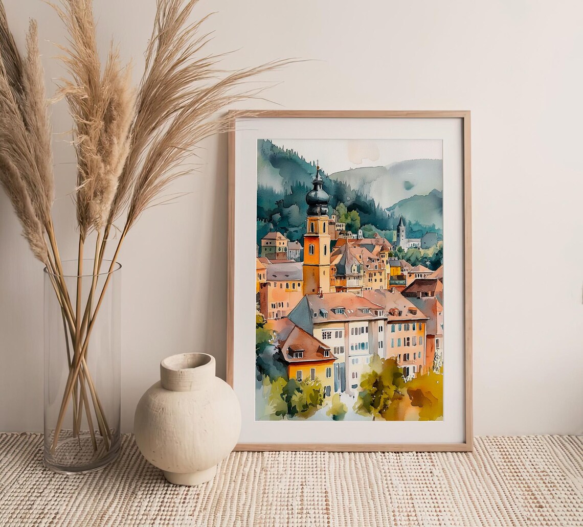 Heidelberg Old Town Church Tower Germany Watercolor Cityscape Poster - Image 4