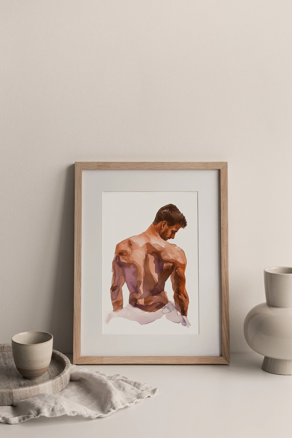 Male Back Figure Watercolor Seated Nude Study Fine Art Body Print - Image 3