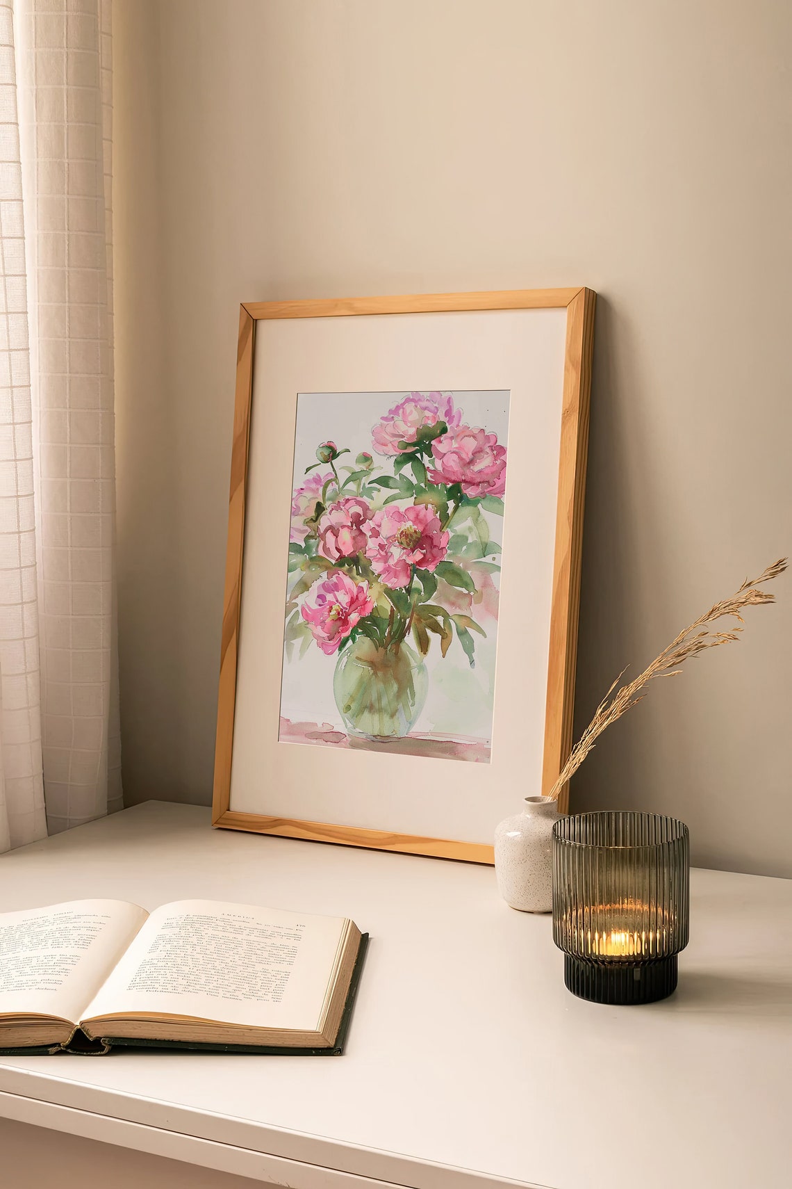 Pink Peonies Watercolor Floral Bouquet In Vase Spring Art Print - Image 3