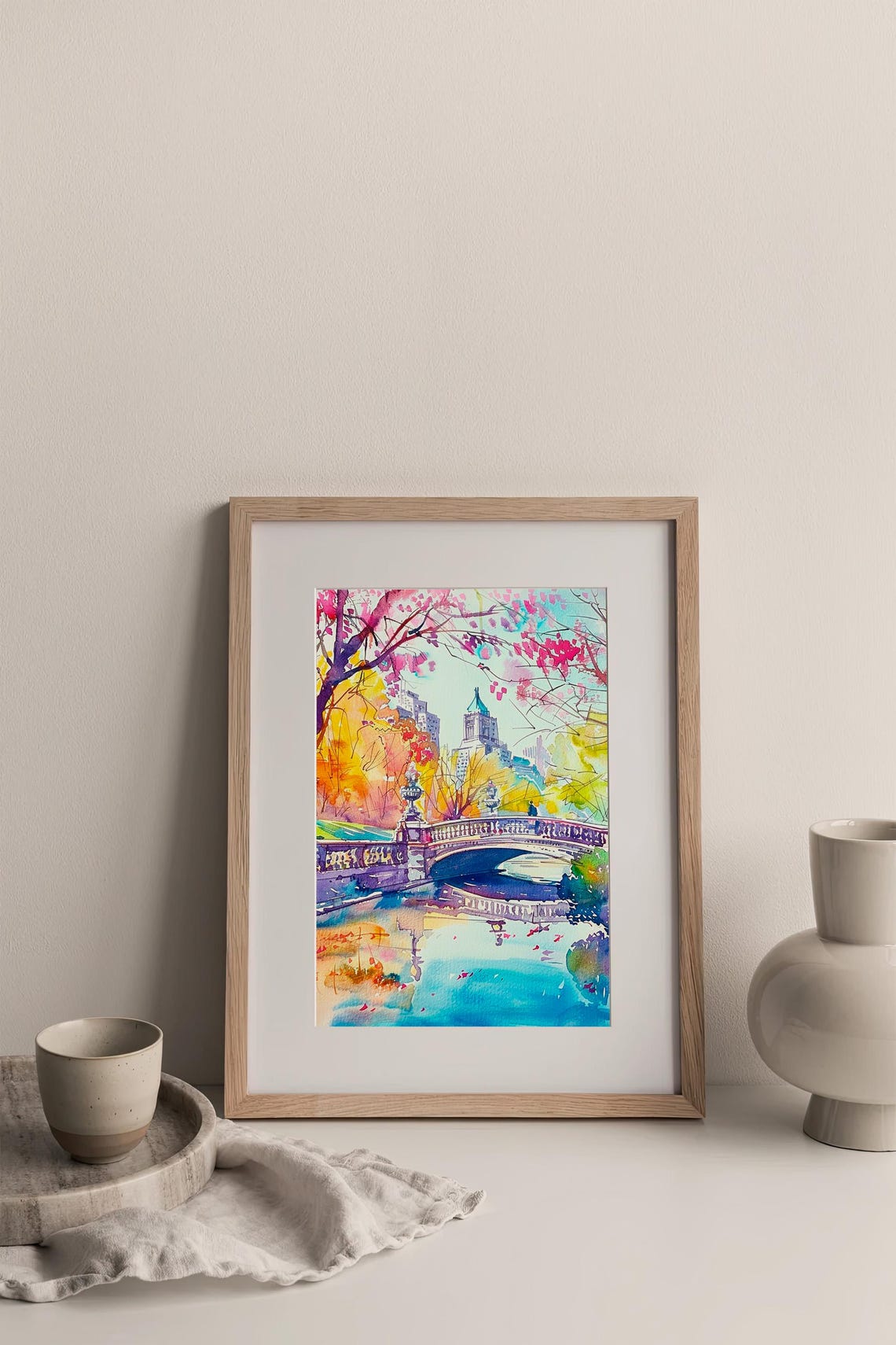 Bow Bridge Central Park Watercolor Spring Blossoms Colorful Art Print - Image 3