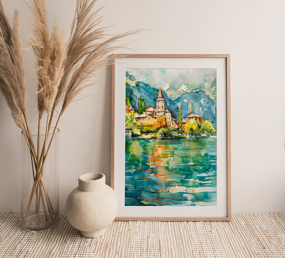 Lake Annecy Watercolor Art Print, France Landscape - Image 3