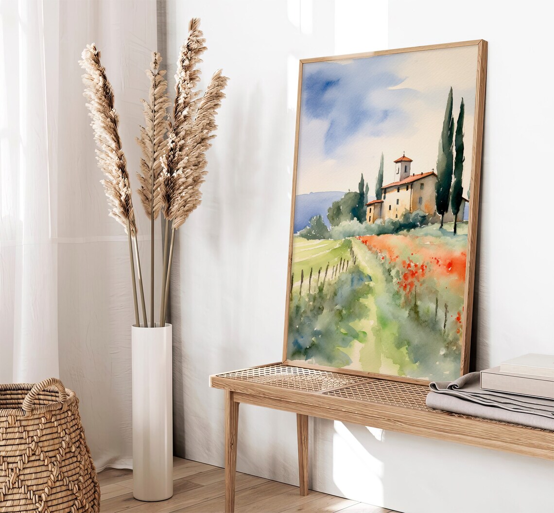 Tuscany Countryside Watercolor Art Print, Poppy Fields - Image 3