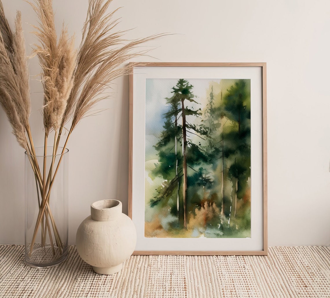 Tall Pine Trees Evergreen Misty Forest Watercolor Nature Art Poster - Image 4