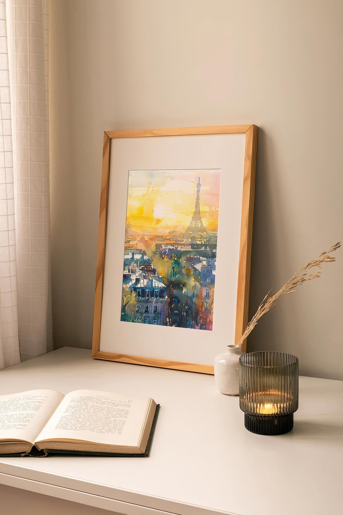 Eiffel Tower Paris Golden Sunset Rooftops Watercolor Travel Poster - Image 2