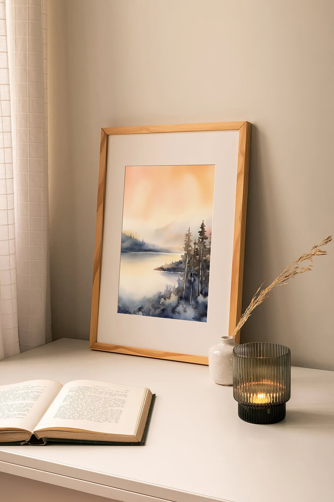 Lake Chelan Watercolor Misty Lake Sunset Evergreen Trees Poster - Image 3