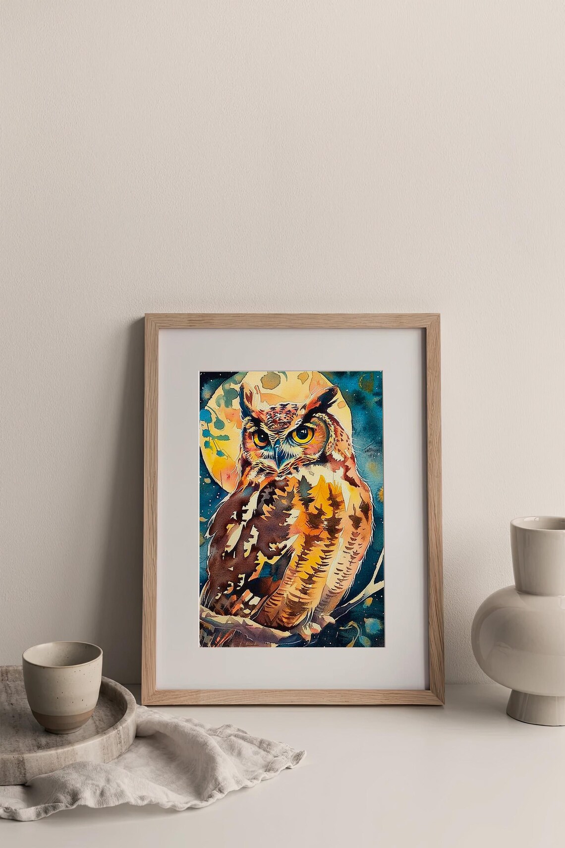 Great Horned Owl Golden Full Moon Watercolor Wildlife Art Poster - Image 2
