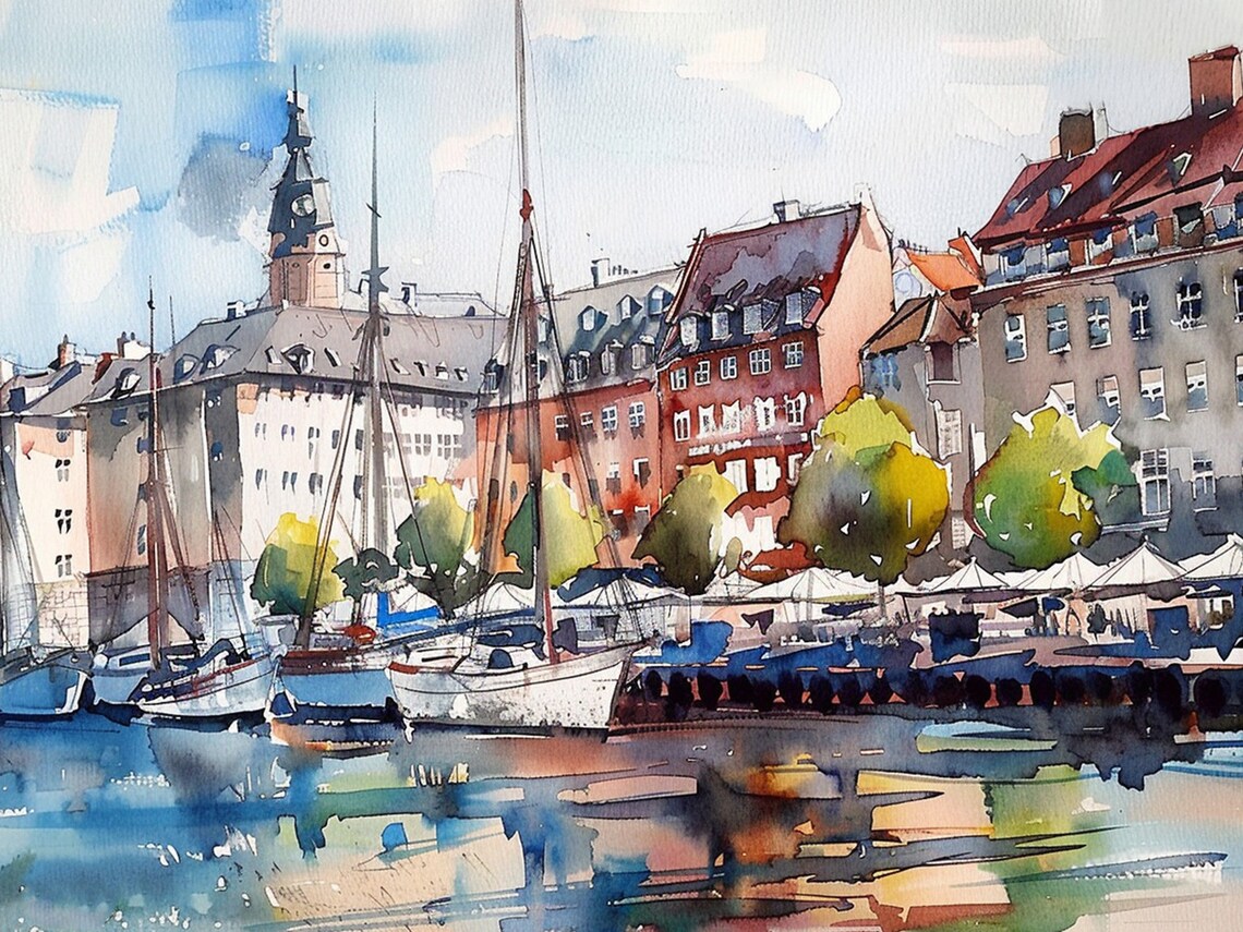 Copenhagen Watercolor Cityscape Art Print, Travel Poster