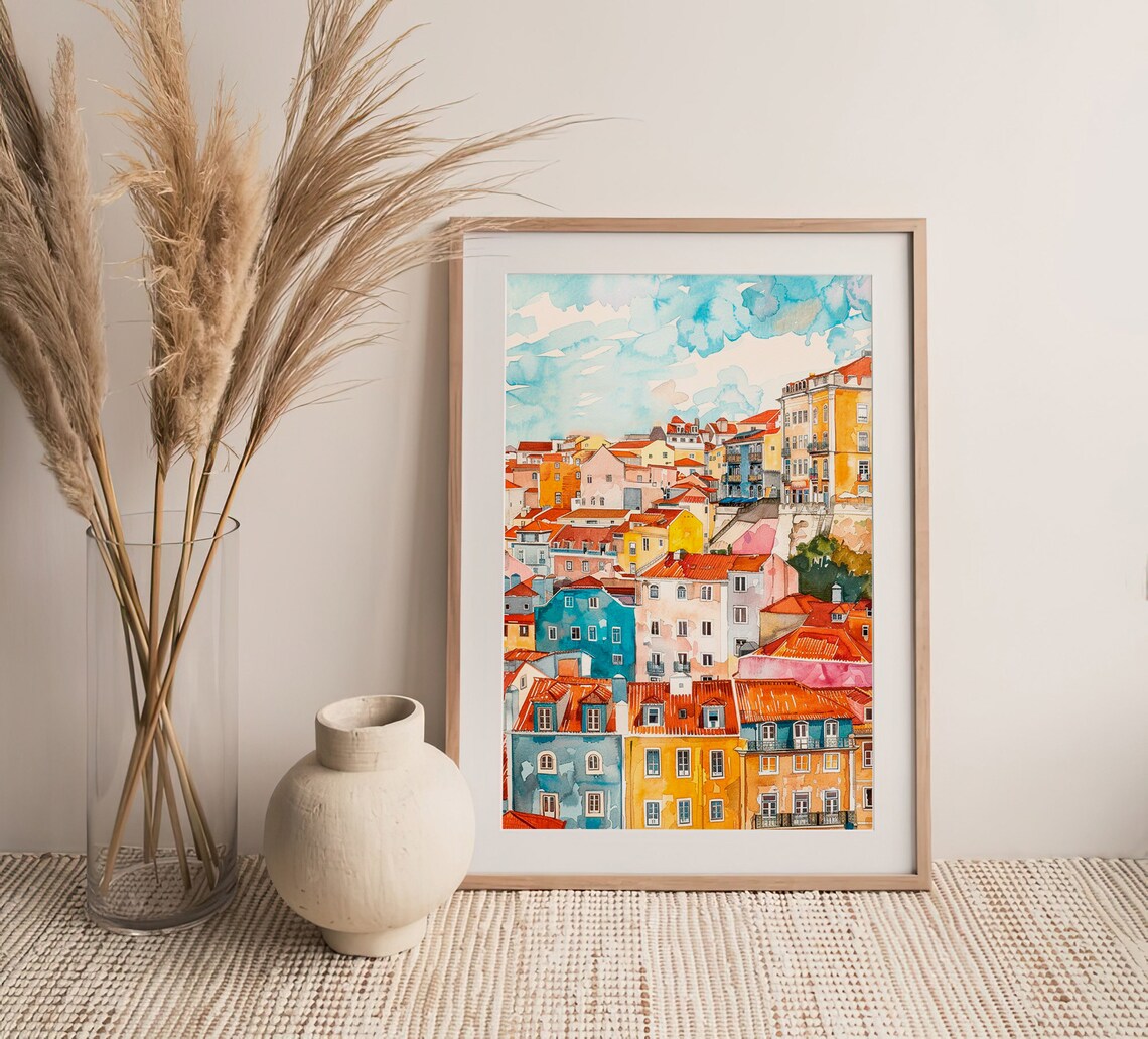 Lisbon Colorful Hillside Houses Watercolor Portugal Travel Poster - Image 4