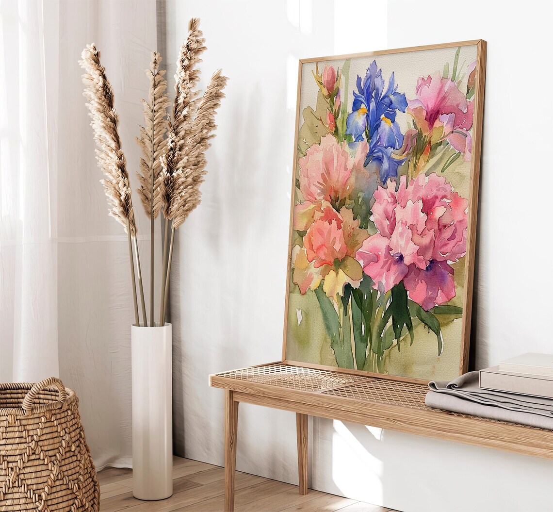 Peonies Iris Watercolor Pink Floral Bouquet Botanical Art Poster - Image 3
