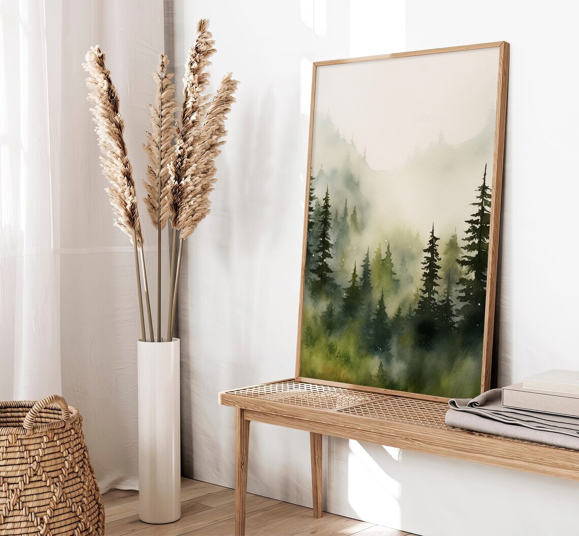 Misty Pine Forest Foggy Oregon Woodland Watercolor Painting Poster - Image 2