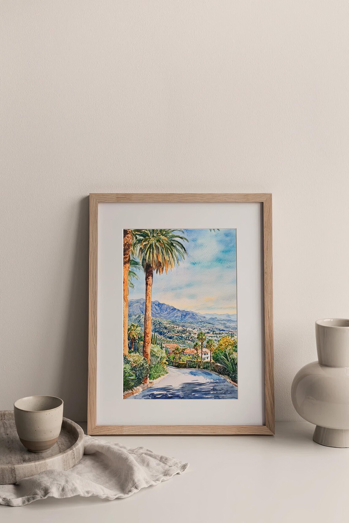 Santa Barbara Palm Trees Coastal Overlook Watercolor Art Poster - Image 3