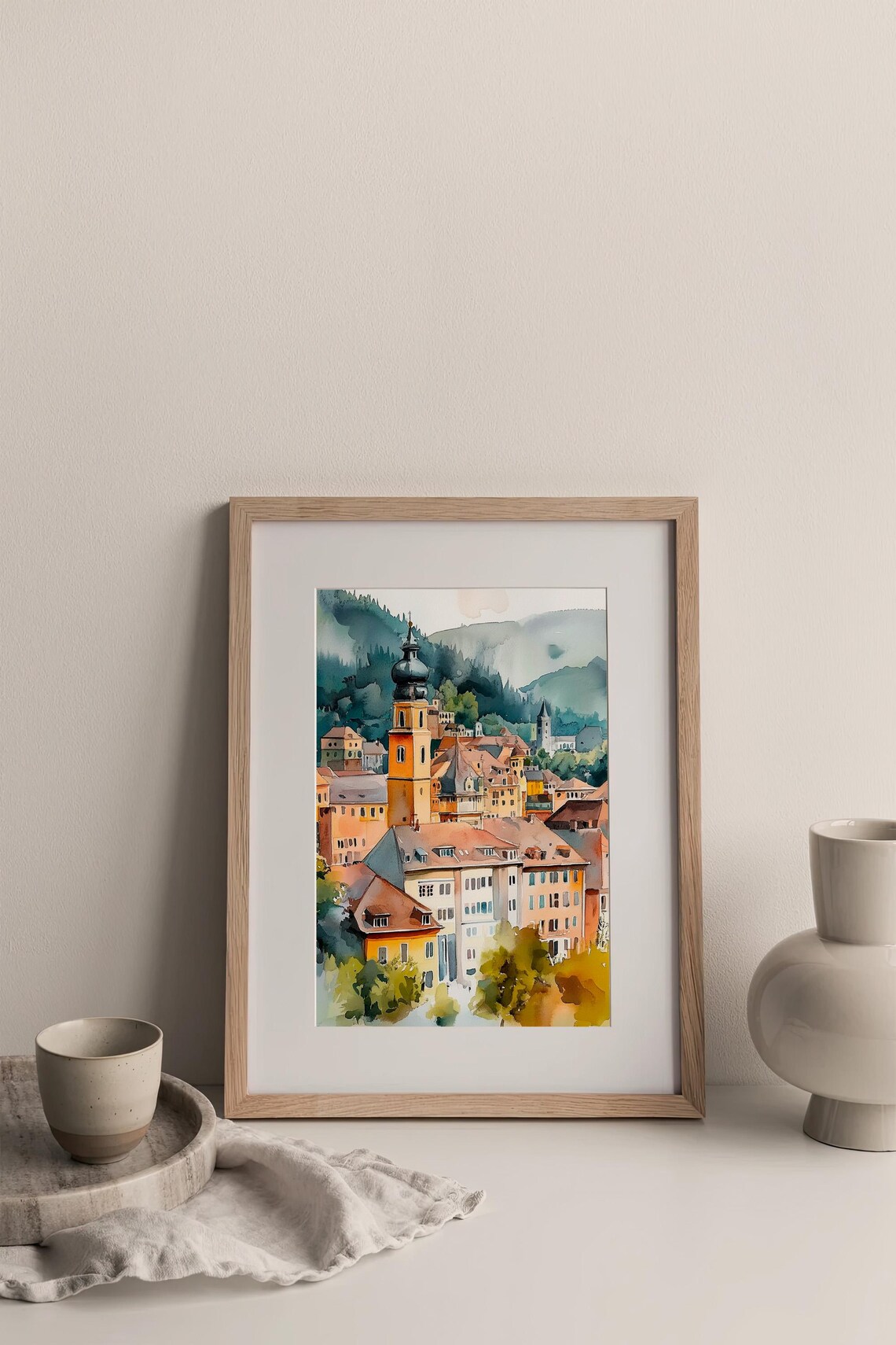 Heidelberg Old Town Church Tower Germany Watercolor Cityscape Poster - Image 3