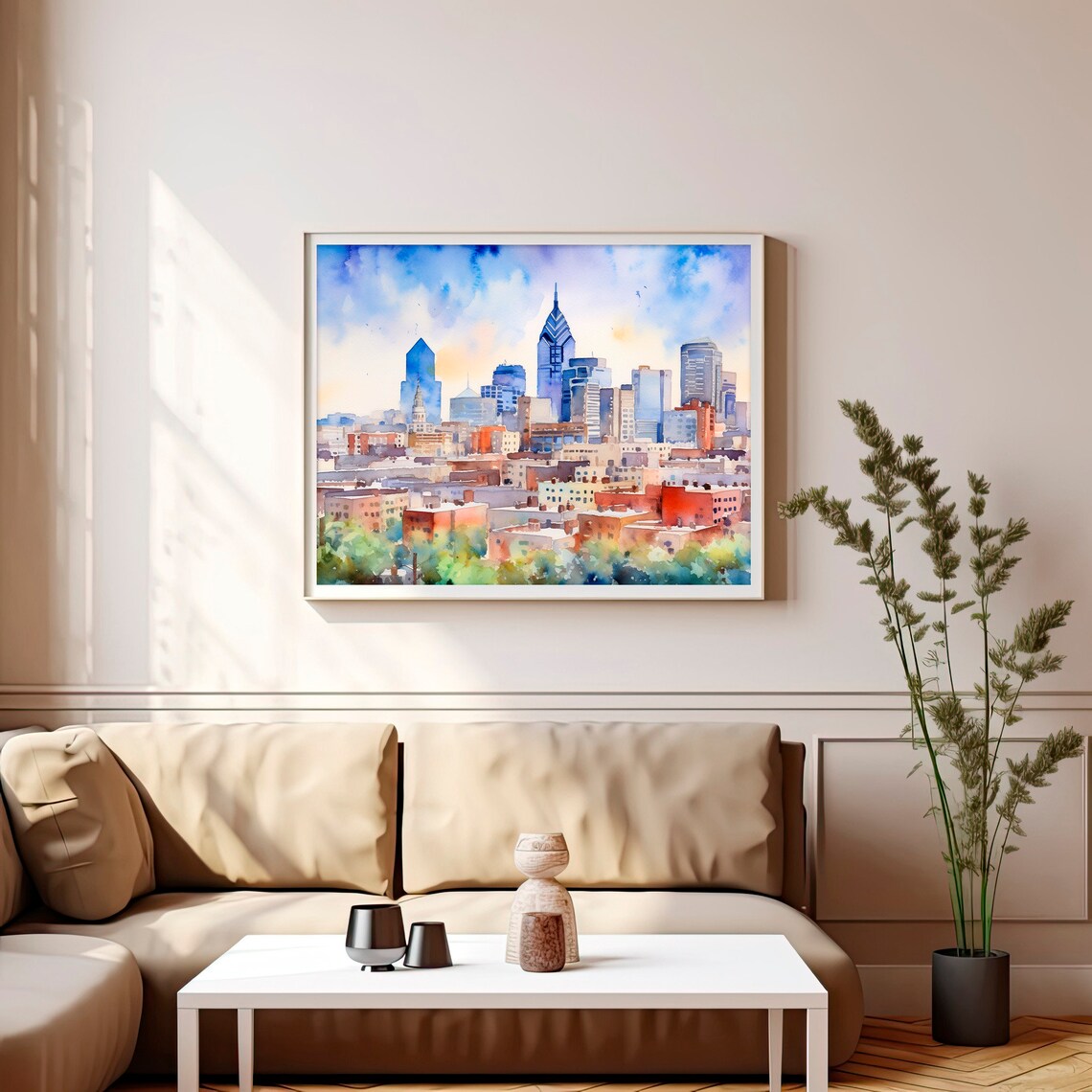 Philadelphia Bright Skyline Cityscape Watercolor Urban Poster - Image 3