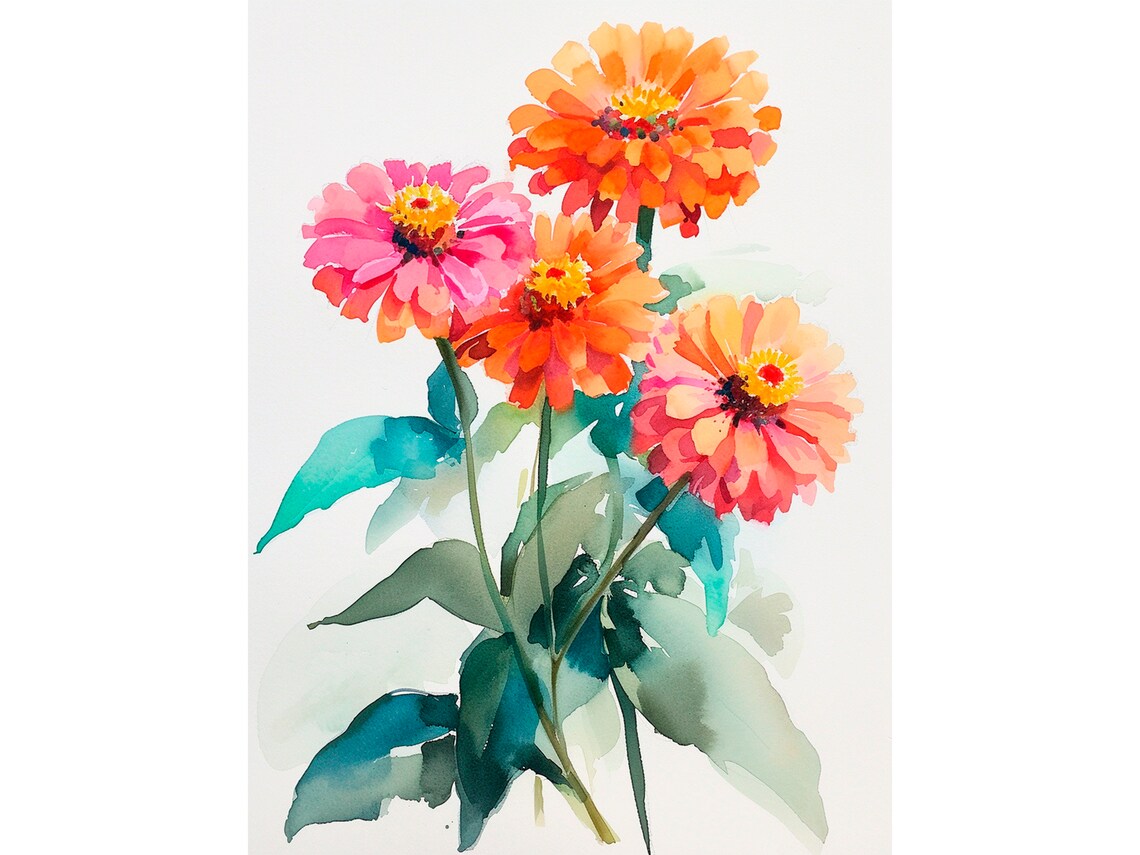 Zinnia Watercolor Art Print, Botanical Floral Decor
