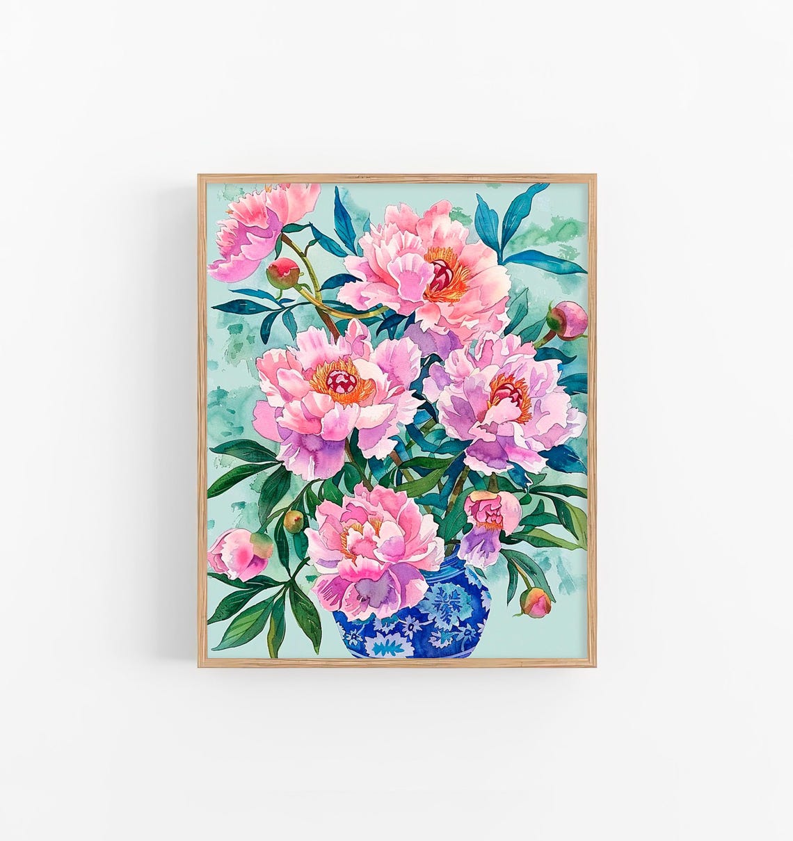 Pink Peonies Blue Porcelain Vase Blooming Watercolor Nature Art Poster