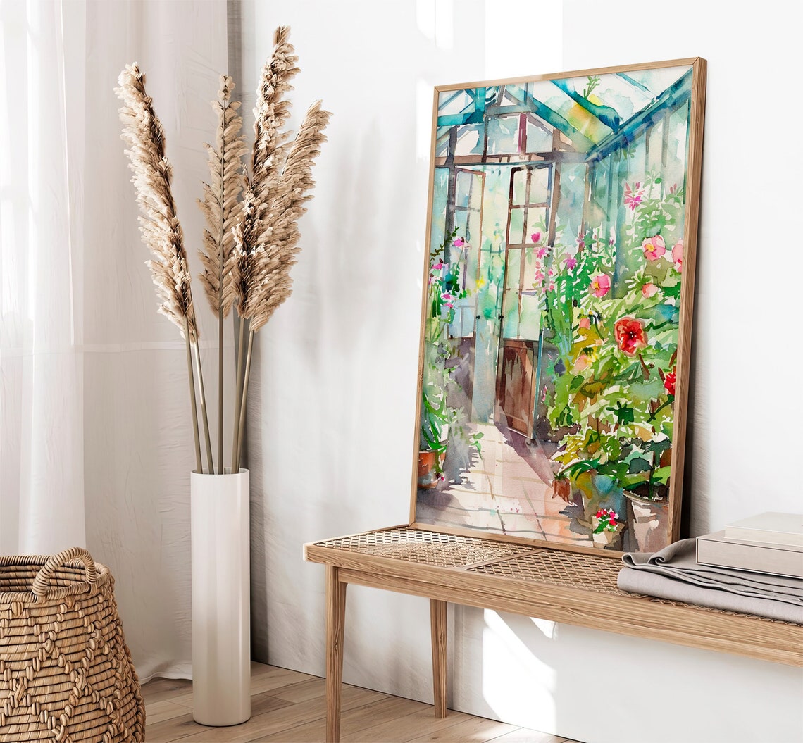 Greenhouse Interior Flowering Plants Sunlit Watercolor Poster - Image 2