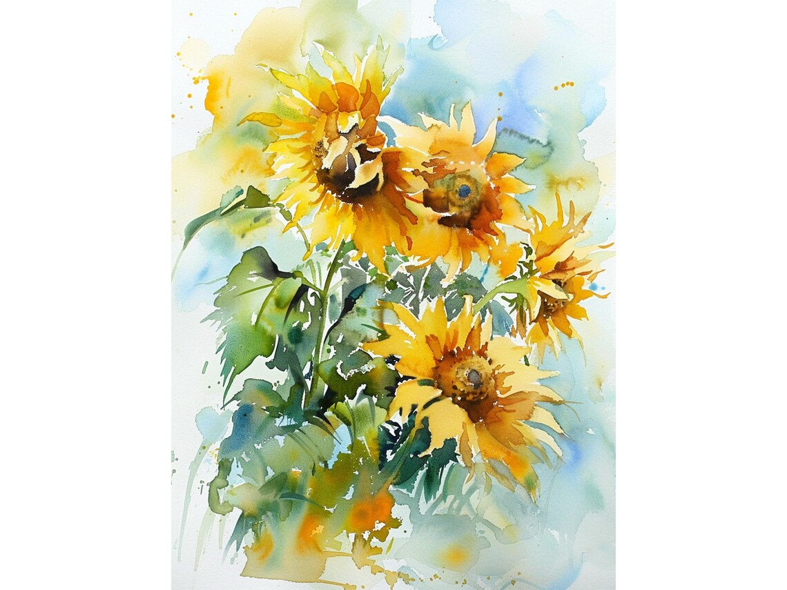 Sunflowers Watercolor Floral Art Print, Botanical Decor