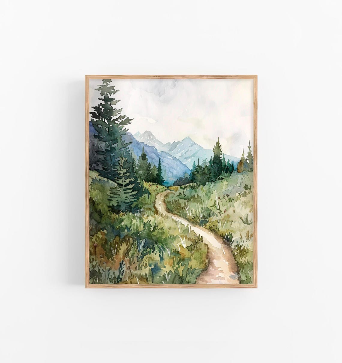 Columbia Gorge Watercolor Mountain Trail Pines Winding Path Poster