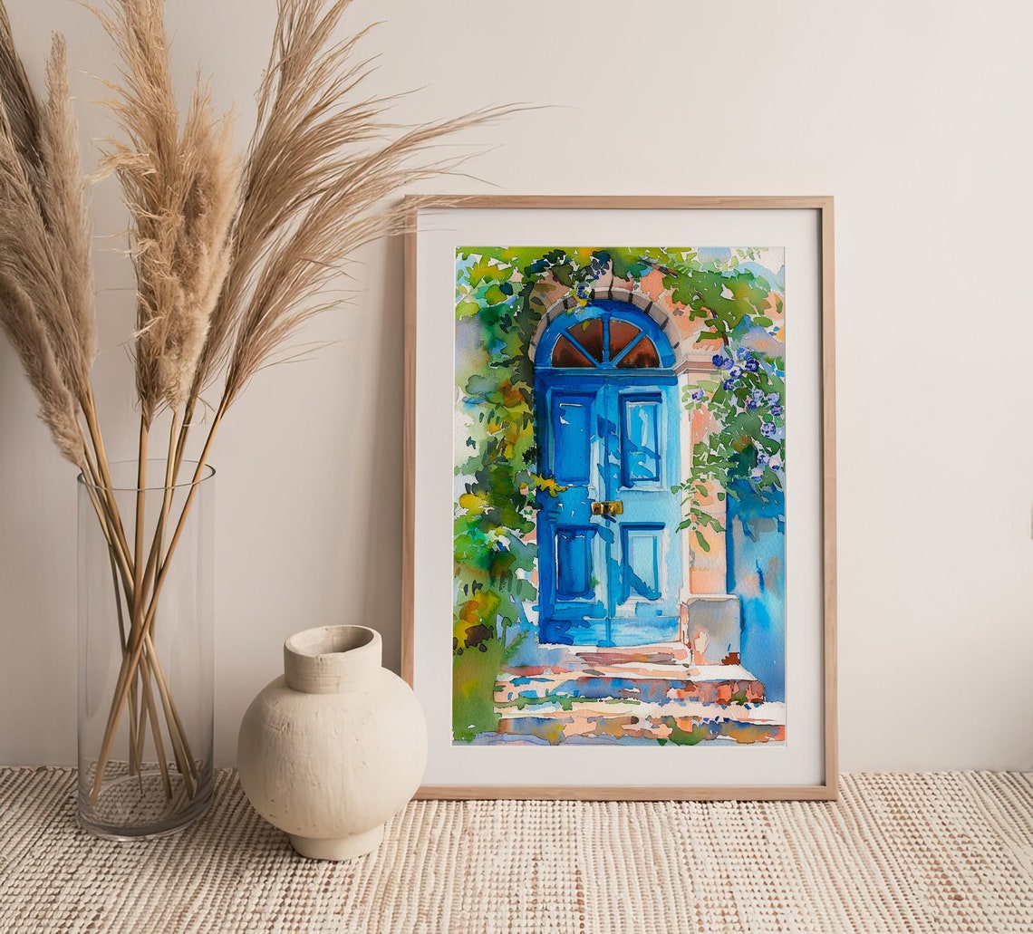 Stunning Charming Blue Door With Flowering Vines Watercolor Poster - Image 4