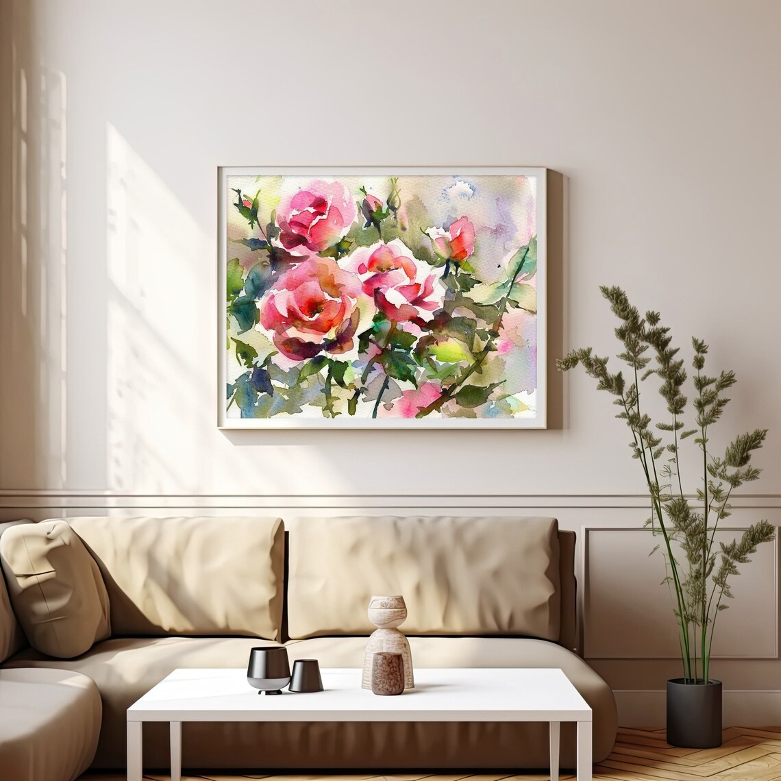 Red and Pink Garden Roses Loose Watercolor Floral Blooming Poster - Image 4